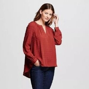 Knox Rose Womens Long Sleeve V-Neck Tunic Top Rust Hi-Low Grommet Accent Size XL